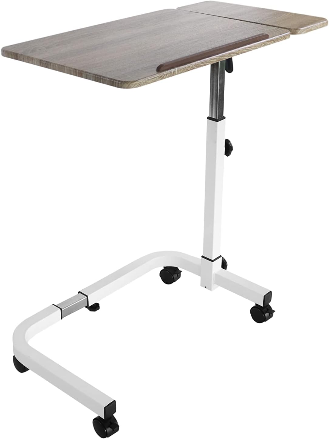 KMINA Overbed Table with Wheels, Hospital Bed Table Adjustable, Medical Bedside, C Shaped, Tilting, Wood, Elderly