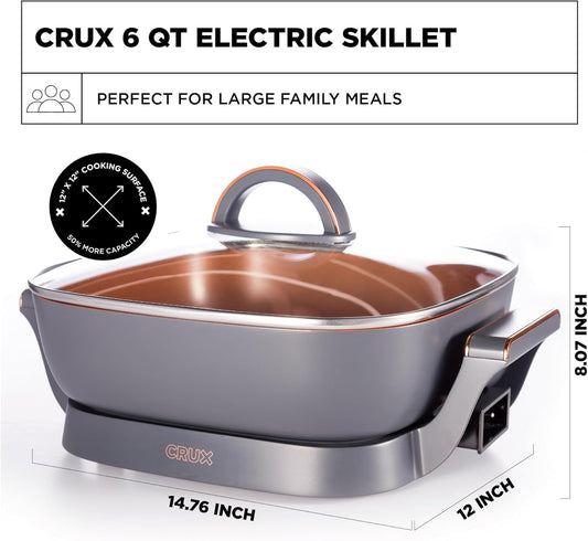 CRUX Extra Deep Nonstick Scratch Resistant Electric Skillet with Removeable Temperature Probe, 12" x 12"
