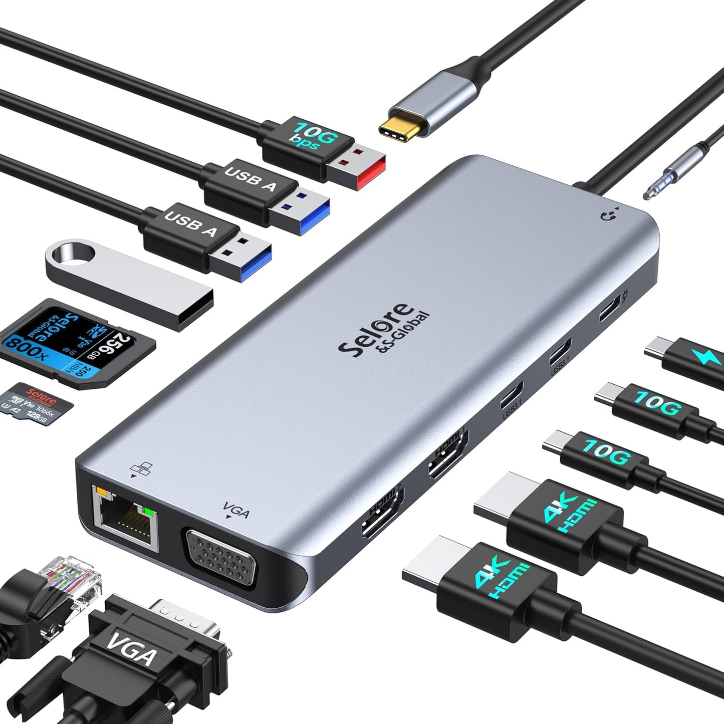 Selore USB C Docking Station for Laptop Dual Monitors, Upgrade14 in 1 Triple Docking Station Dual Monitor Display USB C Hub Dual HDMI Adapter Dongle with 2HDMI for Dell/HP/Lenovo/Surface/MacBook Air