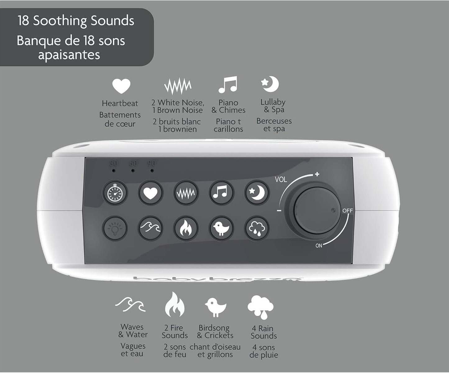 Baby Brezza Adjustable Baby Sound Machine and Night Light with 18 Sounds – Small, Portable Design for Easy Travel or Crib Use – Includes Lullaby, Nature, White Noise, Waves + More – USB Powered