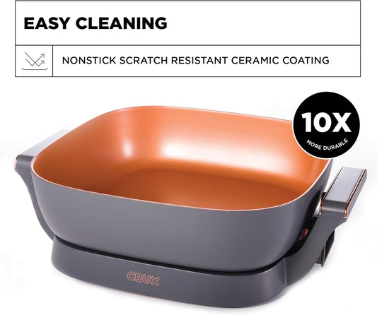 CRUX Extra Deep Nonstick Scratch Resistant Electric Skillet with Removeable Temperature Probe, 12" x 12"