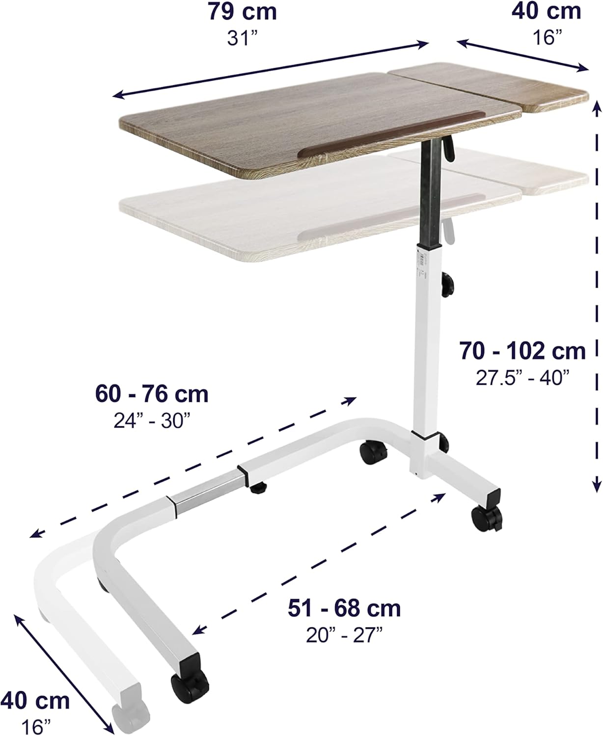KMINA Overbed Table with Wheels, Hospital Bed Table Adjustable, Medical Bedside, C Shaped, Tilting, Wood, Elderly