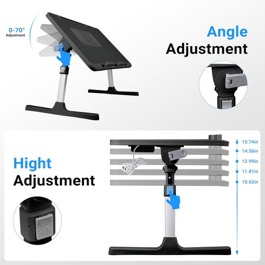 Laptop Lap Desk,Laptop Lap Desk with Cooling Fan,Folding Laptop Desk for Bed,Adjustable Lap Desk with Light Fan, Bed Desk with Storage Drawer,23.62"*15.74",Black - PuriLite