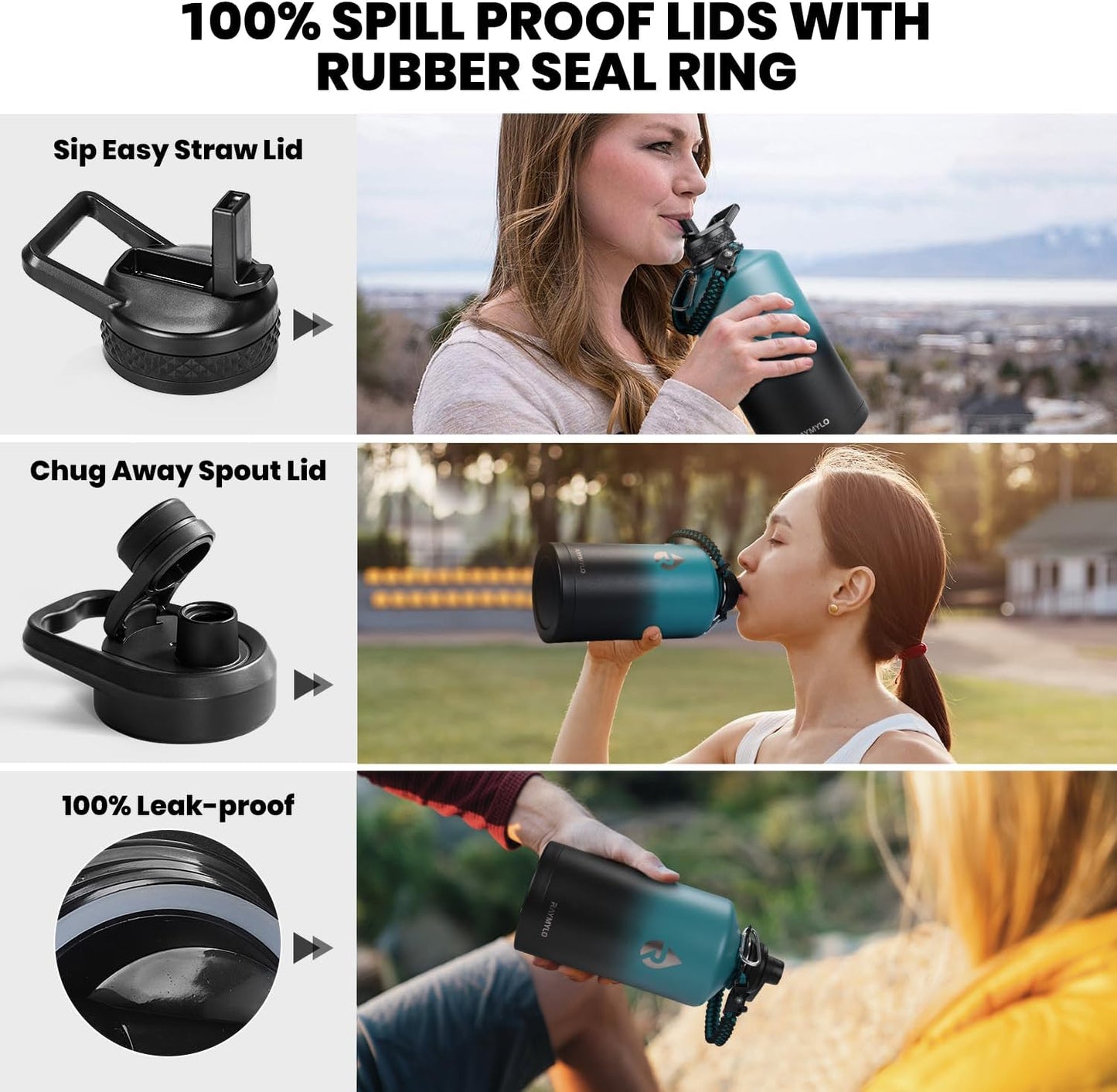 RAYMYLO One Gallon Water Bottle Insulated, Triple Walled Vacuum Stainless Steel (Cold for 48 Hrs), Leak Proof & BPA-Free, Large Water Flask Jug with Paracord Handle & Straw Spout Lids
