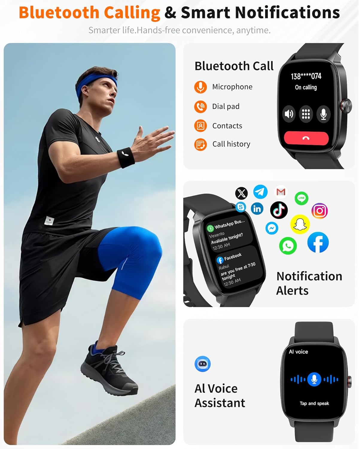 Smart Watch for Men Women Bluetooth Call, 1.85" HD Touch Screen AI Voice Smartwatch, Fitness Tracker with Sleep/Heart Rate Monitor, 100+ Sports Modes, IP68 Waterproof, Compatible with Android & iOS