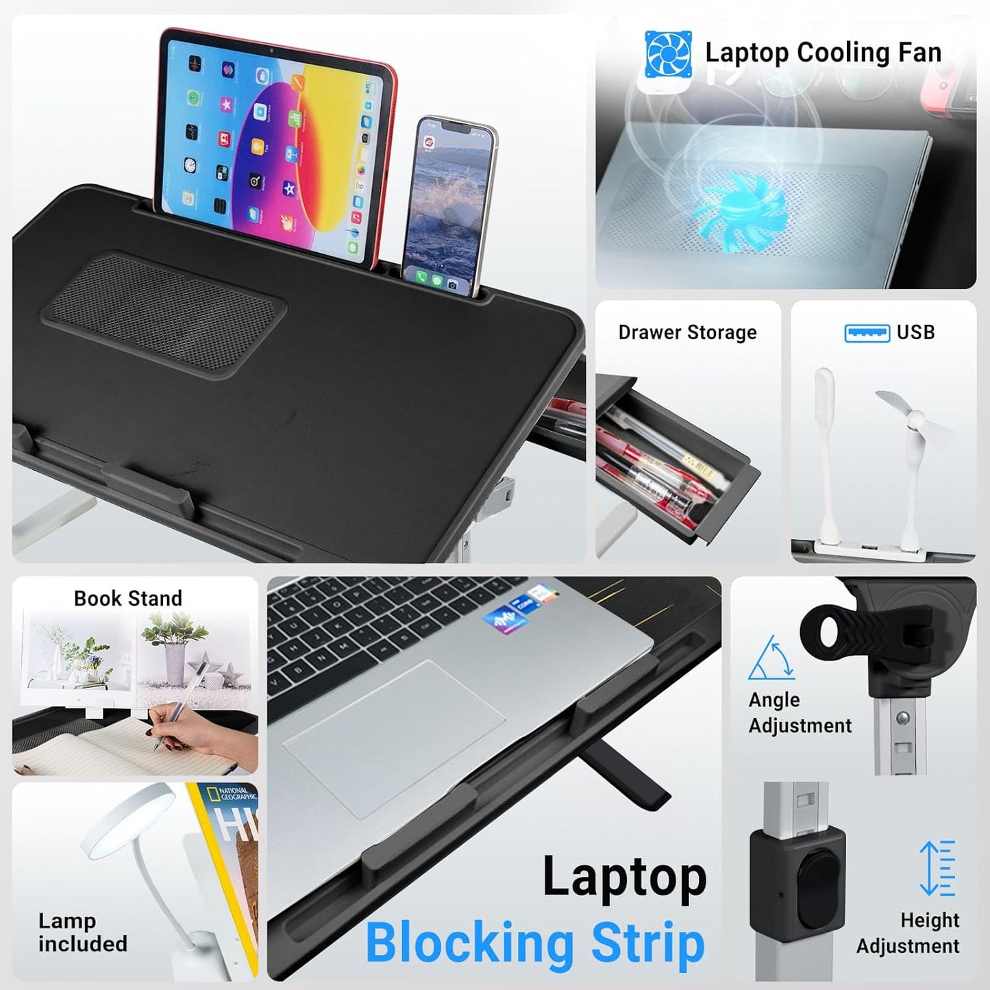 Laptop Lap Desk,Laptop Lap Desk with Cooling Fan,Folding Laptop Desk for Bed,Adjustable Lap Desk with Light Fan, Bed Desk with Storage Drawer,23.62"*15.74",Black