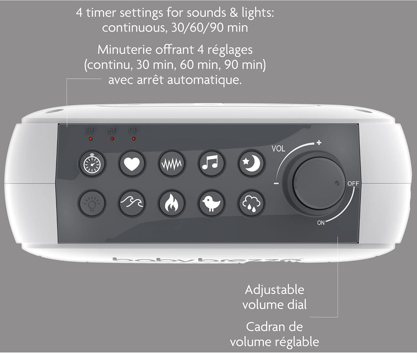 Baby Brezza Adjustable Baby Sound Machine and Night Light with 18 Sounds – Small, Portable Design for Easy Travel or Crib Use – Includes Lullaby, Nature, White Noise, Waves + More – USB Powered