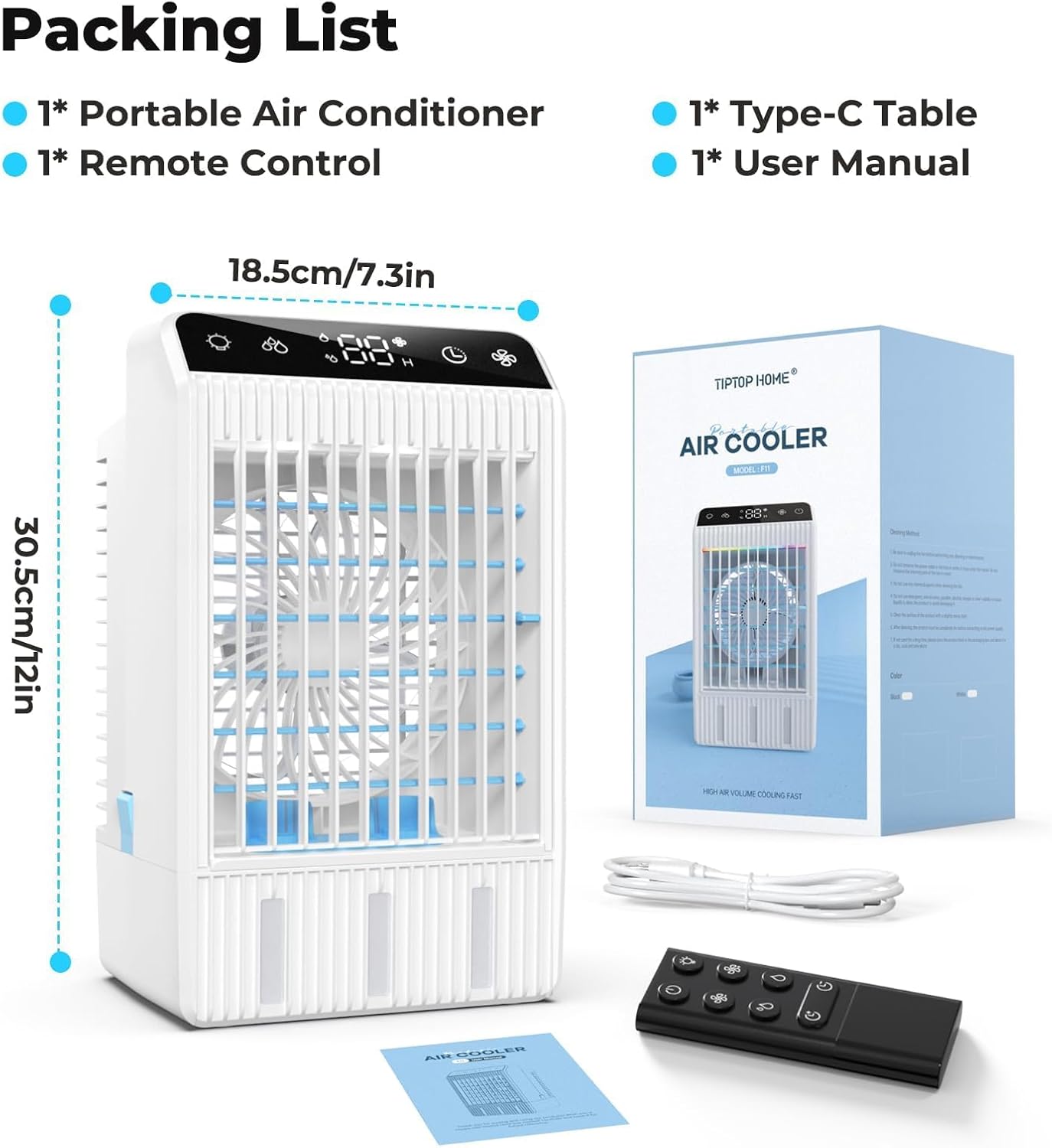 Portable Air Conditioners with Display, 1000ml Mini Air Conditioner 4-in-1 Air Cooler Remote Humidifier Mini AC with Dual Spray & 7 Colors Light, 4 Speeds Timing Personal Air Conditioner Cooling Fan