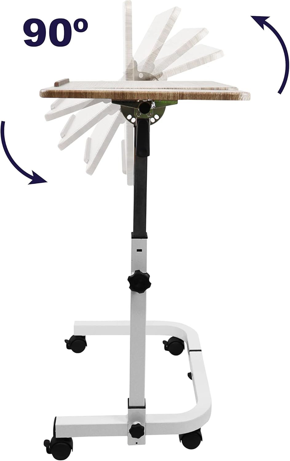 KMINA Overbed Table with Wheels, Hospital Bed Table Adjustable, Medical Bedside, C Shaped, Tilting, Wood, Elderly
