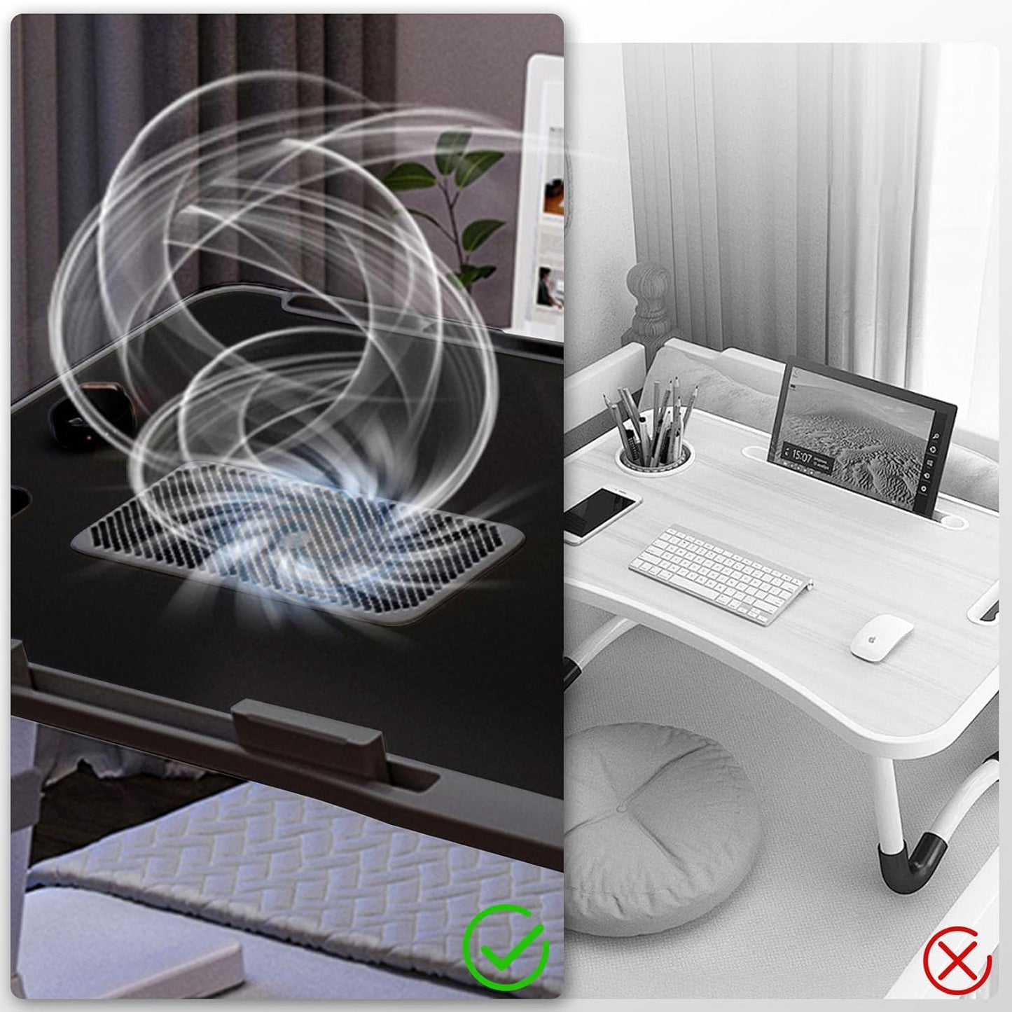 Laptop Lap Desk,Laptop Lap Desk with Cooling Fan,Folding Laptop Desk for Bed,Adjustable Lap Desk with Light Fan, Bed Desk with Storage Drawer,23.62"*15.74",Black