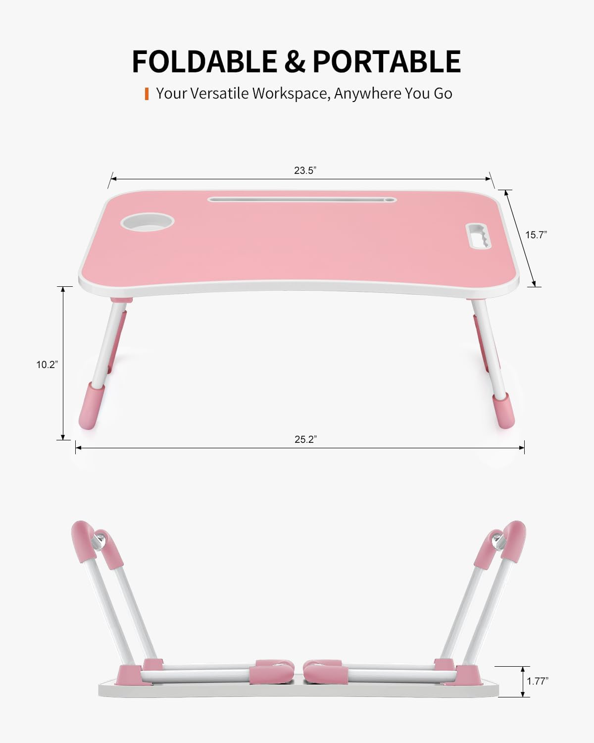 FISYOD Foldable Laptop Table, Portable Lap Desk Bed Table Tray, Laptop Stand with Cup Holder & Tablet Slot & Lifting Handle for Working Writing Drawing & Eating (Pink)