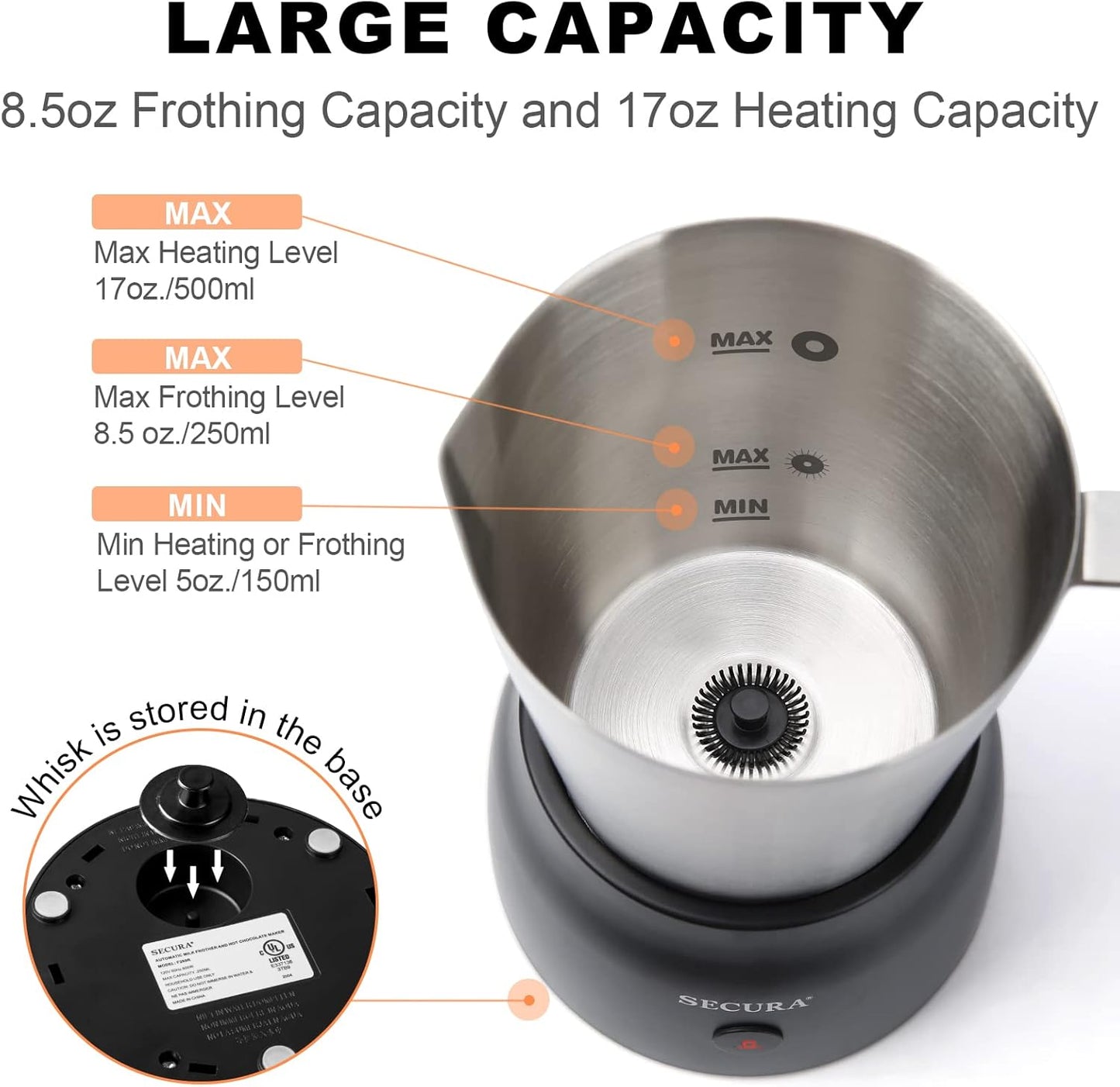 Secura Detachable Milk Frother, 17oz Electric Milk Steamer Stainless Steel, Automatic Hot/Cold Foam and Hot Chocolate Maker with Dishwasher Safe, 8.45 oz, 120V