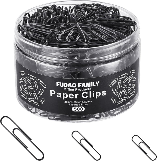 FUDAO FAMILY 500pcs Paper Clips Assorted Sizes, Small, Medium and Large(1.1inch, 1.3inch and 2inch) Paper Clips, Vinyl Coated Paperclips for Office, School, Home Supplies (Black)