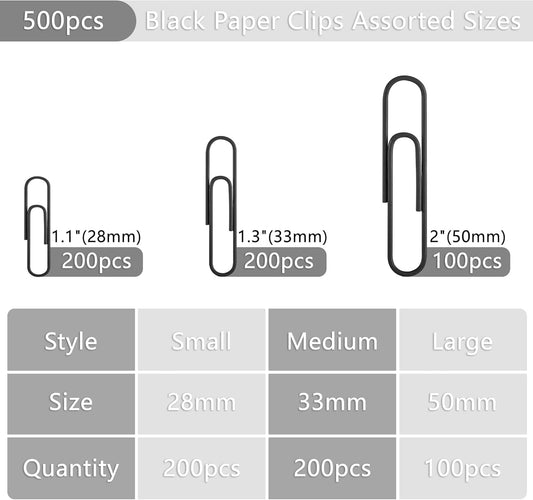 FUDAO FAMILY 500pcs Paper Clips Assorted Sizes, Small, Medium and Large(1.1inch, 1.3inch and 2inch) Paper Clips, Vinyl Coated Paperclips for Office, School, Home Supplies (Black)