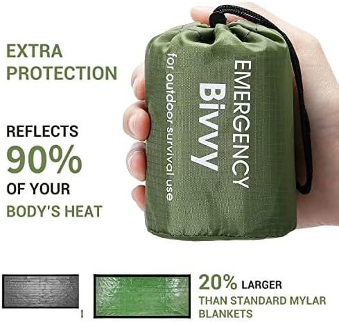 Emergency Sleeping Bag, 2 Pack Portable Survival Thermal Bivy Sack, Waterproof Lightweight Survival Shelter Blanket Bags with Compass for Camping Hiking Outdoor Adventure