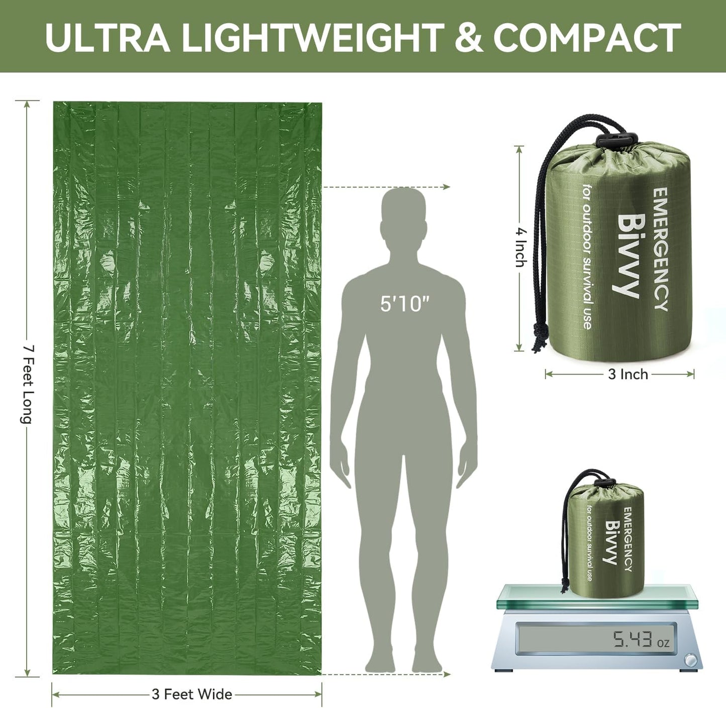 Emergency Sleeping Bag, 2 Pack Portable Survival Thermal Bivy Sack, Waterproof Lightweight Survival Shelter Blanket Bags with Compass for Camping Hiking Outdoor Adventure