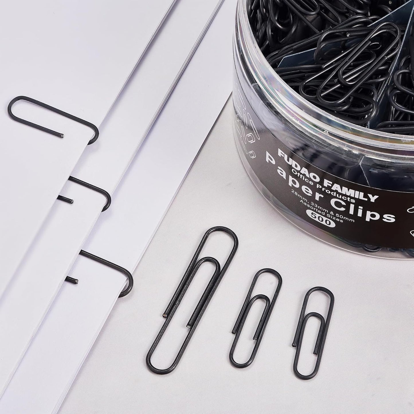 FUDAO FAMILY 500pcs Paper Clips Assorted Sizes, Small, Medium and Large(1.1inch, 1.3inch and 2inch) Paper Clips, Vinyl Coated Paperclips for Office, School, Home Supplies (Black)