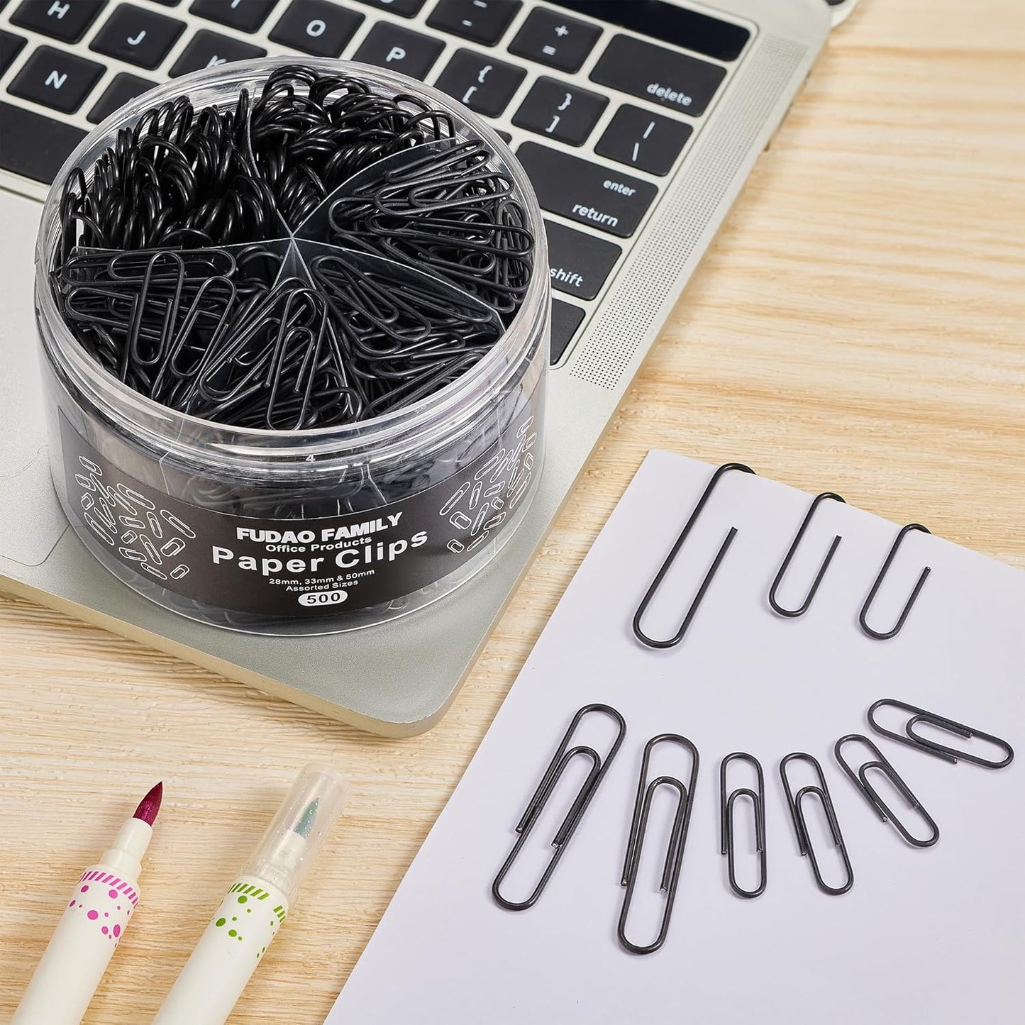 FUDAO FAMILY 500pcs Paper Clips Assorted Sizes, Small, Medium and Large(1.1inch, 1.3inch and 2inch) Paper Clips, Vinyl Coated Paperclips for Office, School, Home Supplies (Black)