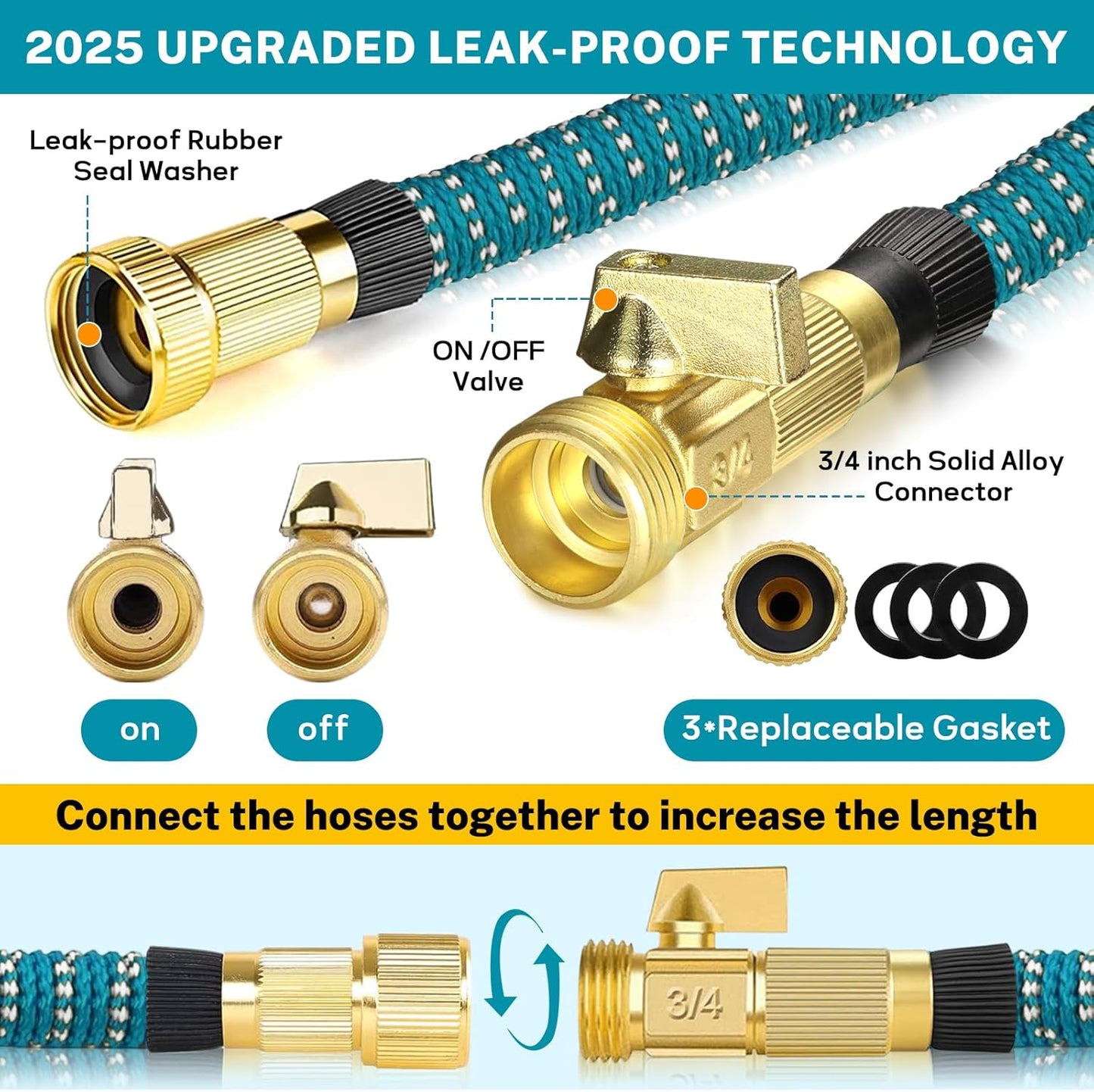 Garden Hose 100ft Expandable Water Hose with 10 Function Nozzle,3/4" Solid Brass Fittings, Lightweight, Durable, No-Kink Retractable Gardening Water Pipe for Lawn Yard Garden Outdoor,Blue