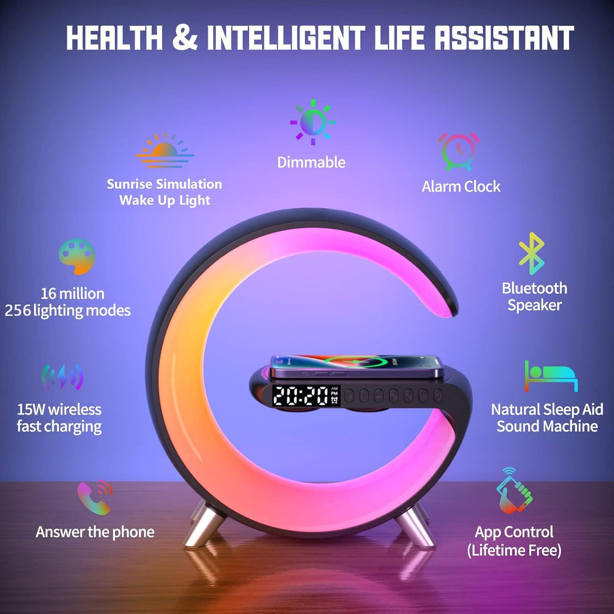 Wireless Charger Atmosphere Lamp – Smart LED Table Lamp with Bluetooth Speaker – Dimmable Night Light Alarm Clock with App Control & Music Sync - PuriLite