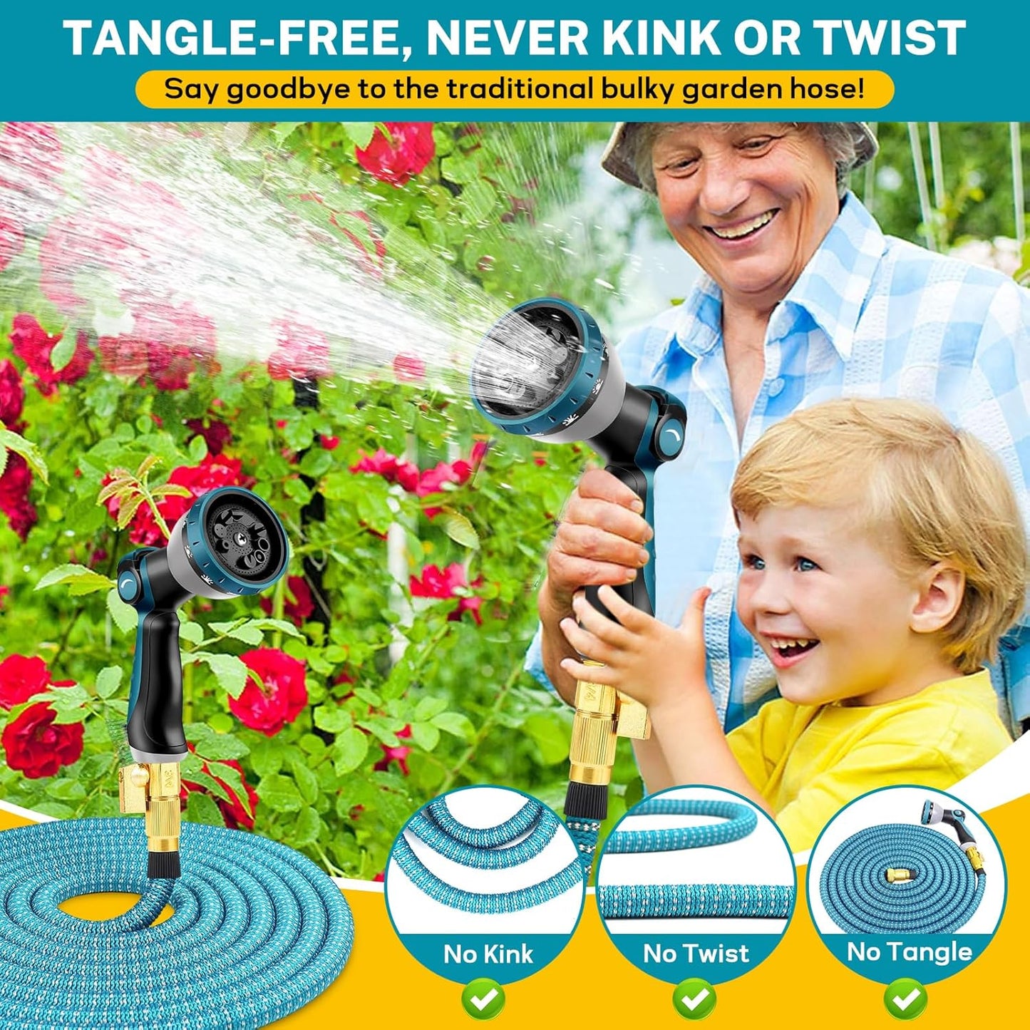 Garden Hose 100ft Expandable Water Hose with 10 Function Nozzle,3/4" Solid Brass Fittings, Lightweight, Durable, No-Kink Retractable Gardening Water Pipe for Lawn Yard Garden Outdoor,Blue