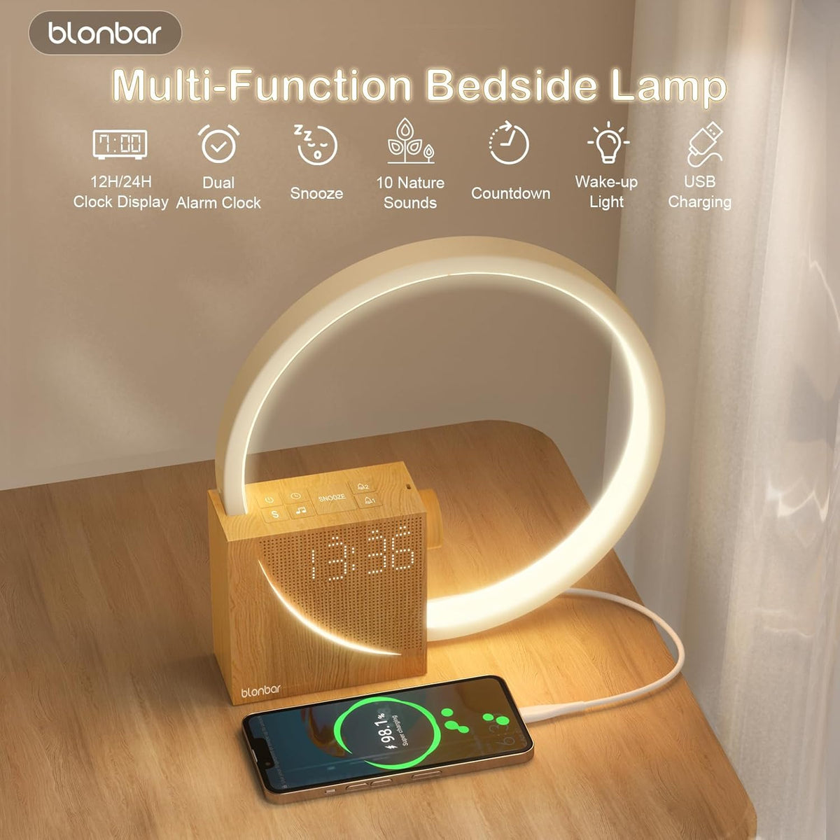 Sunrise Alarm Clock for Heavy Sleepers – Wake Up Light with Dual Alarms – 4-Level Dimmable Night Light with Natural Sounds & Snooze for Bedrooms - PuriLite