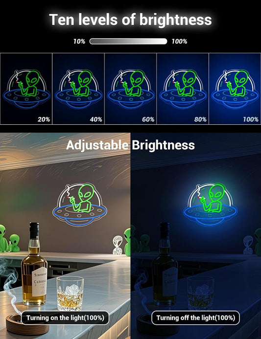 Alien UFO Neon Sign – LED Neon Wall Light for Man Cave, Gaming Room & Bar – USB Dimmable Sci-Fi Alien Wall Decor