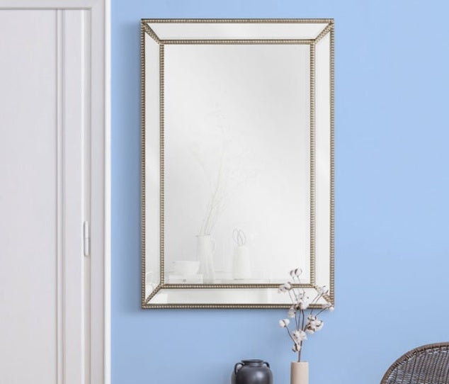 Rectangular Mirror with Beaded Frame and Antique Brass Finish