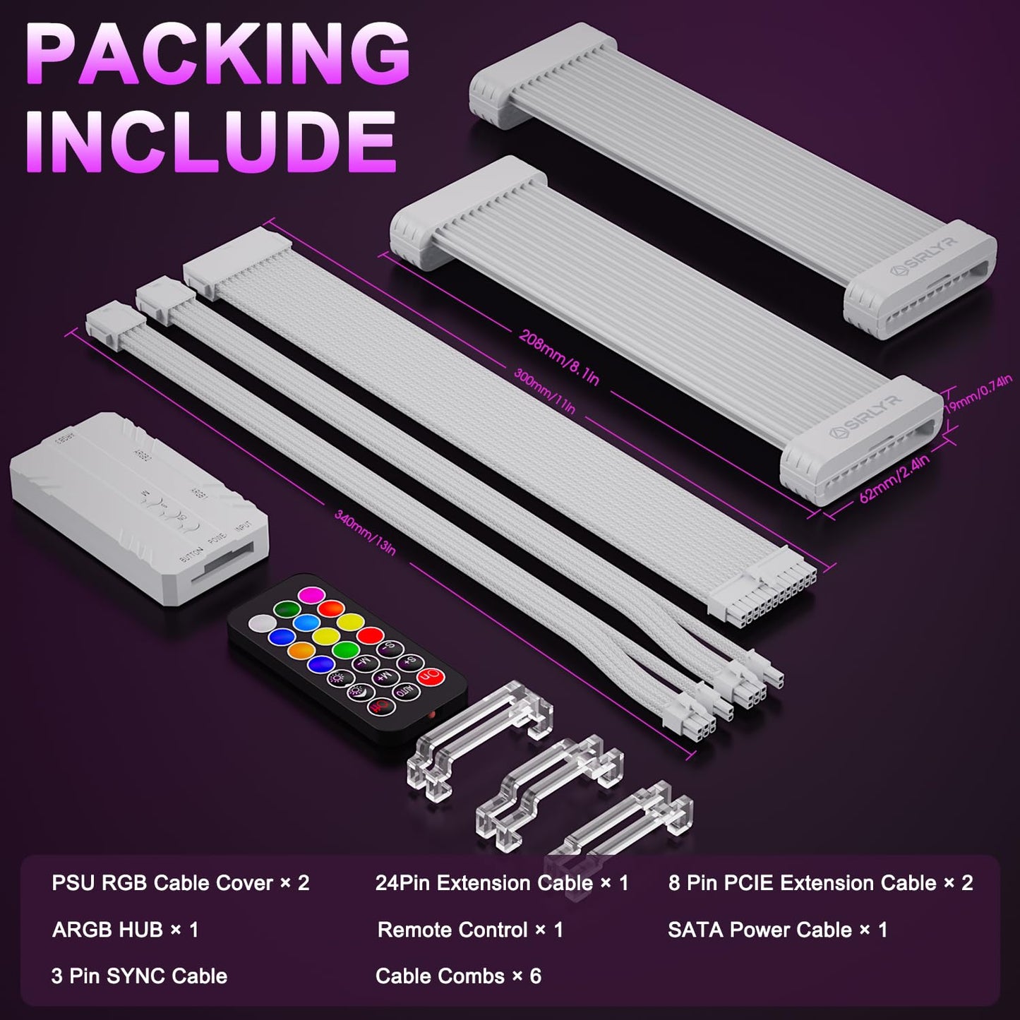 RGB PSU Cable Extension Kit – ARGB 24-Pin Motherboard & Dual 8-Pin GPU Cables – 120 LED Lighting Panels with Remote Control - PuriLite