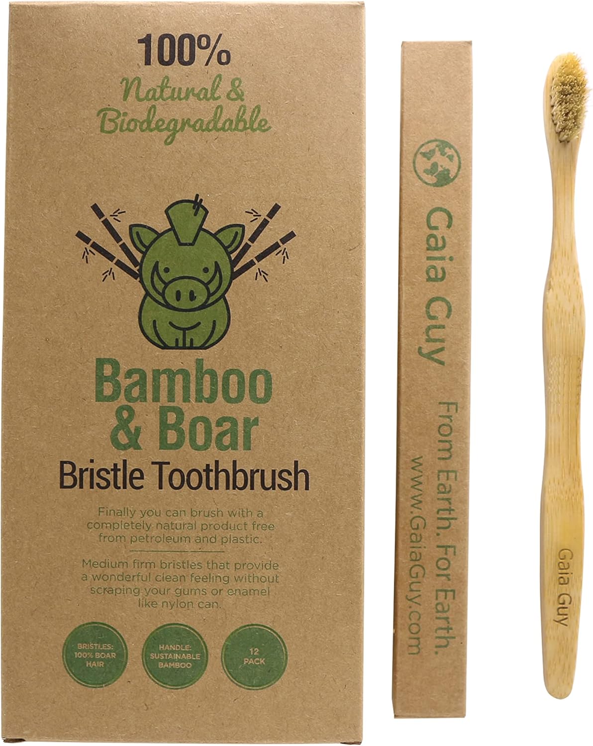 Gaia Guy Natural Bristle Bamboo Toothbrush with Boar Bristles - Totally Biodegradable and Compostable - No Nylon Toothbrushes - Zero Waste 12-Pack