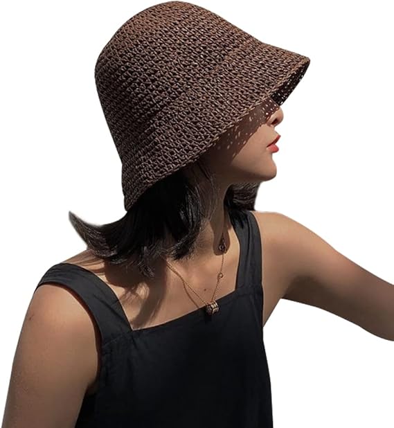 Women's Straw Sun Hat Hand-Woven Packable Beach Bucket Hat Summer Floppy UV Protection Hat