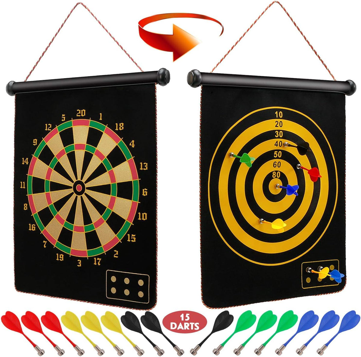 Ranslen Magnetic Dart Board for Kids and Adults, Boy Toys, Double Sided Board Games, Indoor Outdoor Darts Game with 15pcs Magnetic Darts, Gift for Age 5 6 7 8 9 10 11 12 Year Old Boys - PuriLite