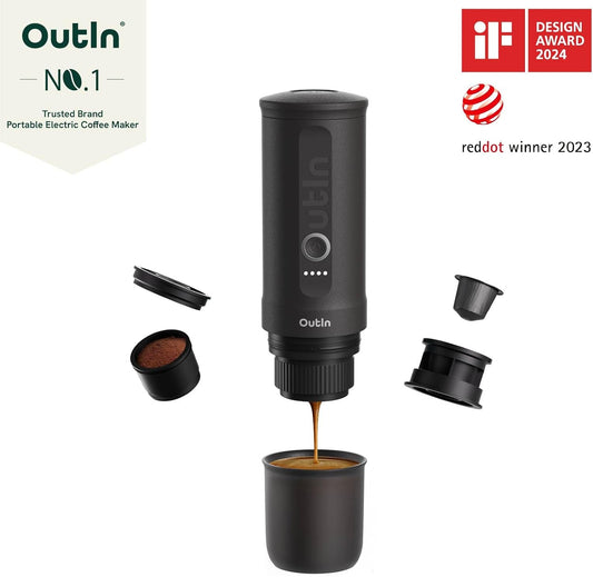 Outin Nano Portable Electric Espresso Machine, Travel Coffee Maker for Camping, Car Coffee Maker Self-Heating with USB-C, With Ground Coffee & NS Capsule for RV, Hiking, Office - PuriLite