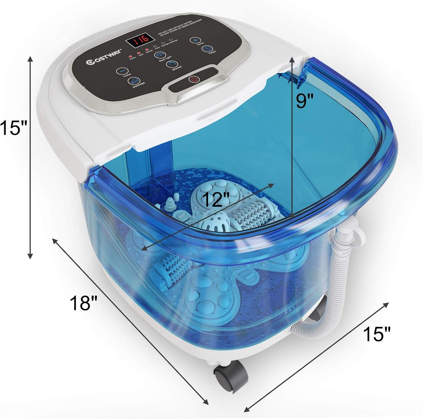 COSTWAY Foot Spa/Bath Massager, with Motorized Rollers, Shiatsu Massage, Shower, Heat, Red Light, Temperature Control, Timer, LED Display, Drainage Pipe for Foot Stress Relief (Side Blue)