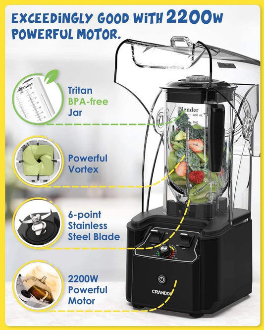CRANDDI Commercial Quiet Blender, Soundproof Blenders, 2200 Watt Powerful Professional Kitchen Blender with BPA-Free 80oz Pitcher, Smoothie Blender for Commercial and Home K90 (Black) - PuriLite