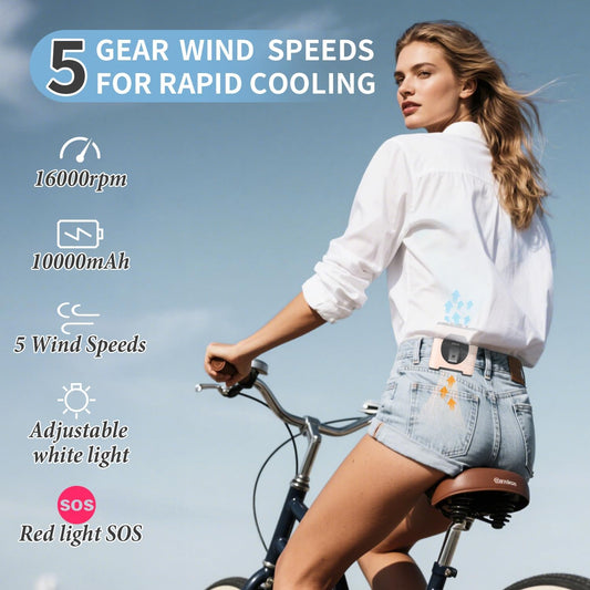 Portable Waist Fan Clip On 10000mAh Wearable Belt Personal Fan 16000RPM Rechargeable Battery operated with 5 Speeds Wind and Light 40H Hands-Free for Cooling Outdoor Camping (Pink)