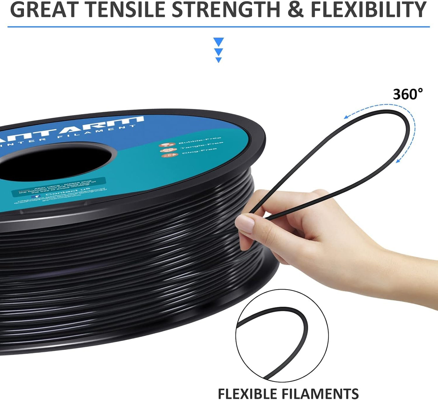 TPU 3D Printer Filament Black, Soft Flexible Filament 95A, Dimensional Accuracy +/-0.05mm, 1KG (2.2LBS), 1.75mm Fit for All 3D Printers, Vacuum Packaging