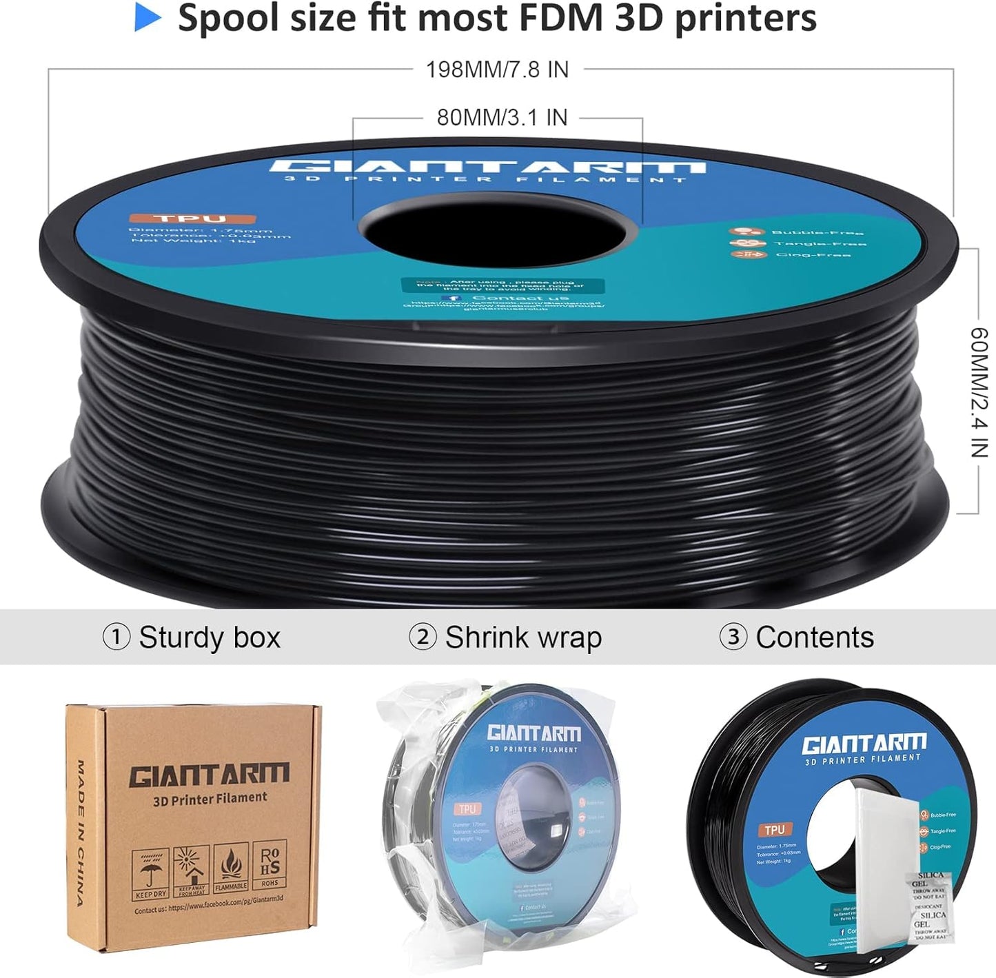 TPU 3D Printer Filament Black, Soft Flexible Filament 95A, Dimensional Accuracy +/-0.05mm, 1KG (2.2LBS), 1.75mm Fit for All 3D Printers, Vacuum Packaging