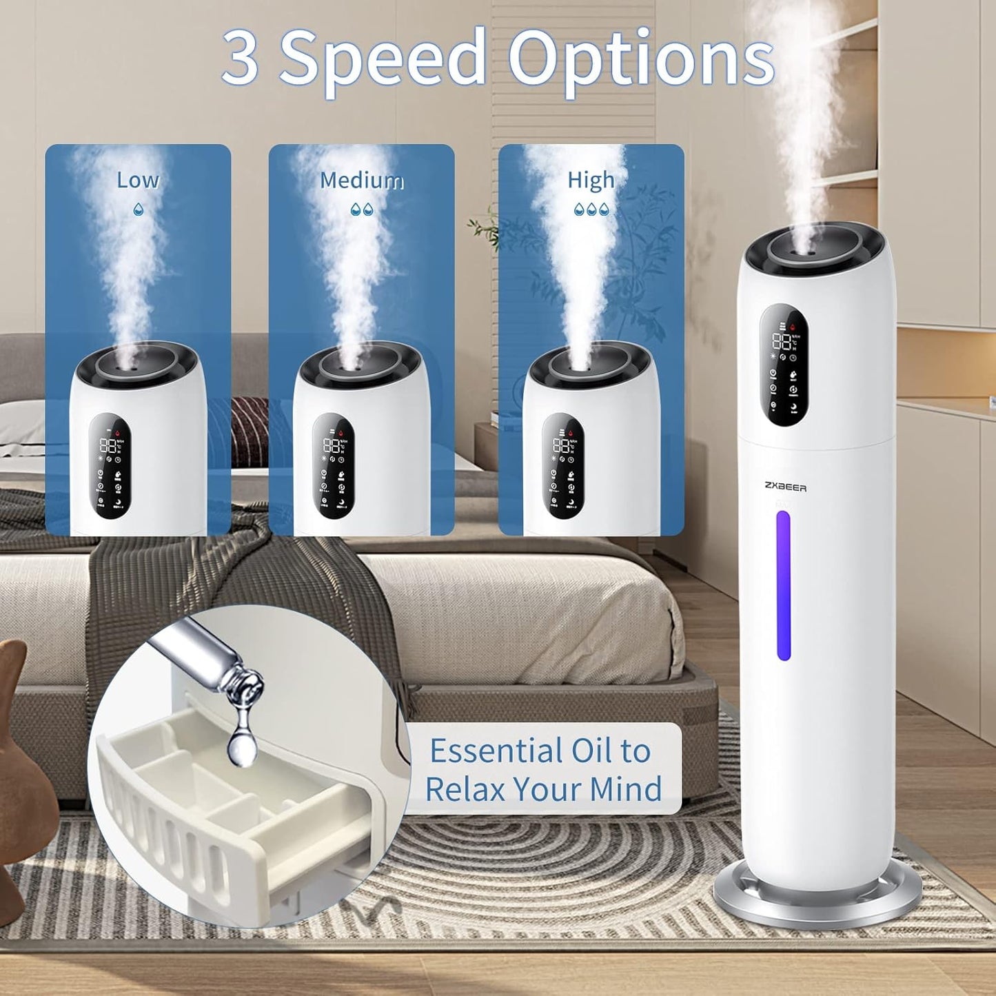 Humidifiers for Bedroom Large Room,ZXBEER 9L Top Fill Ultrasonic Humidifier with 360°Nozzle 7 Color Light Auto Shut-Off,3 Modes Run Up to 48 Hrs Super Quiet Cool Mist Humidifier for Home Baby Adult
