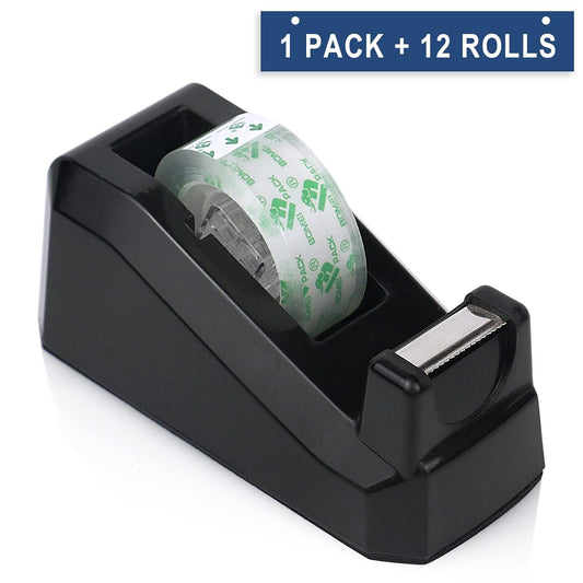 BOMEI PACK Desk Tape Dispenser with 12 Transparent Tape Rolls | 1-Inch Core, Mini Size for Office, School, Home & Gift Wrapping
