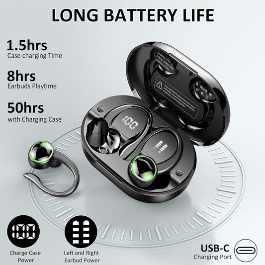 Wireless Earbuds Sports, Bluetooth Headphones 5.3, 50H Playback Over-Ear buds with 4 ENC Noise Cancelling Mic, Deep Bass Earphones with Earhooks, IP7 Waterproof Fitness Headset for Running Workout Gym - PuriLite