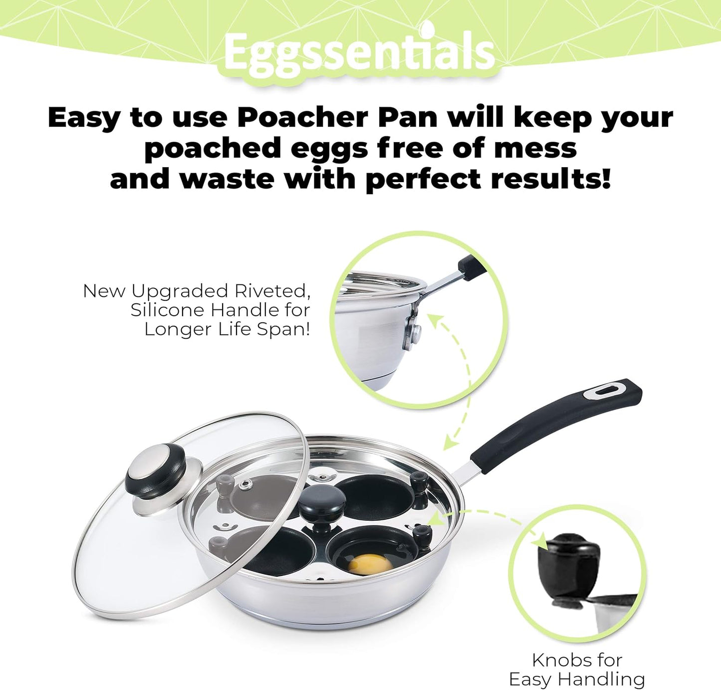 Egg Poacher - Eggssentials Poached Egg Maker, Stainless Steel Egg Poaching Pan, Poached Eggs Cooker Food Grade Safe PFOA Free with Spatula