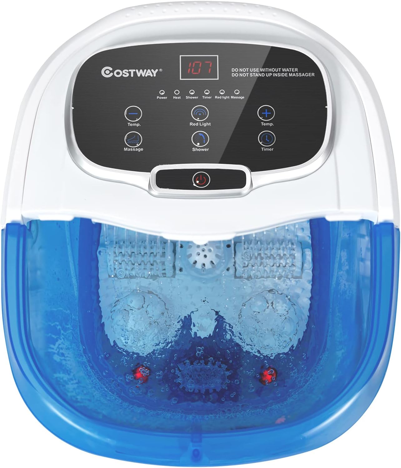 COSTWAY Foot Spa/Bath Massager, with Motorized Rollers, Shiatsu Massage, Shower, Heat, Red Light, Temperature Control, Timer, LED Display, Drainage Pipe for Foot Stress Relief (Side Blue)