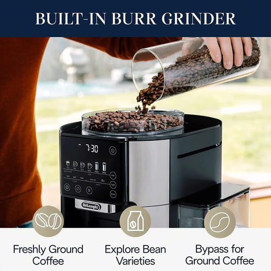 De'Longhi TrueBrew Drip Coffee Maker, Built in Grinder, Single Serve, 8 oz to 24 oz, Hot or Iced Coffee, Stainless, CAM51025MB - PuriLite