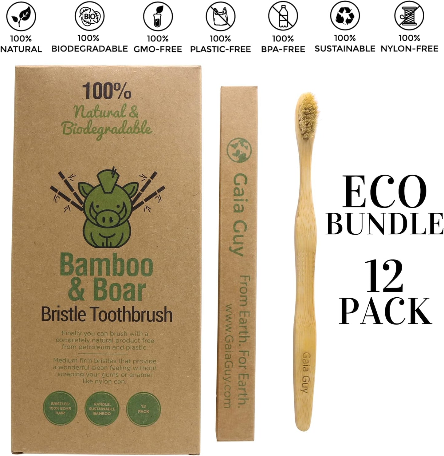 Gaia Guy Natural Bristle Bamboo Toothbrush with Boar Bristles - Totally Biodegradable and Compostable - No Nylon Toothbrushes - Zero Waste 12-Pack