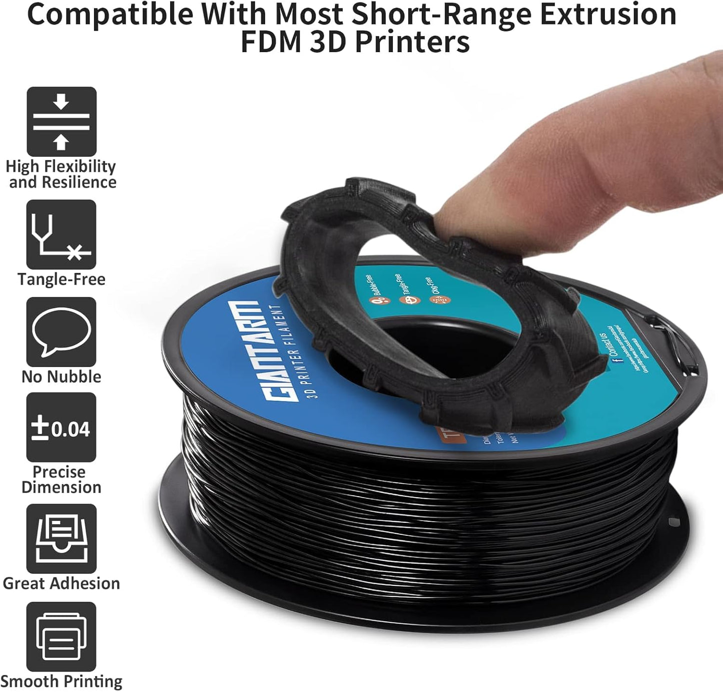 TPU 3D Printer Filament Black, Soft Flexible Filament 95A, Dimensional Accuracy +/-0.05mm, 1KG (2.2LBS), 1.75mm Fit for All 3D Printers, Vacuum Packaging