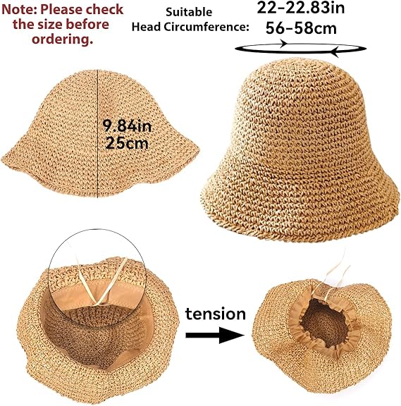 Women's Straw Sun Hat Hand-Woven Packable Beach Bucket Hat Summer Floppy UV Protection Hat
