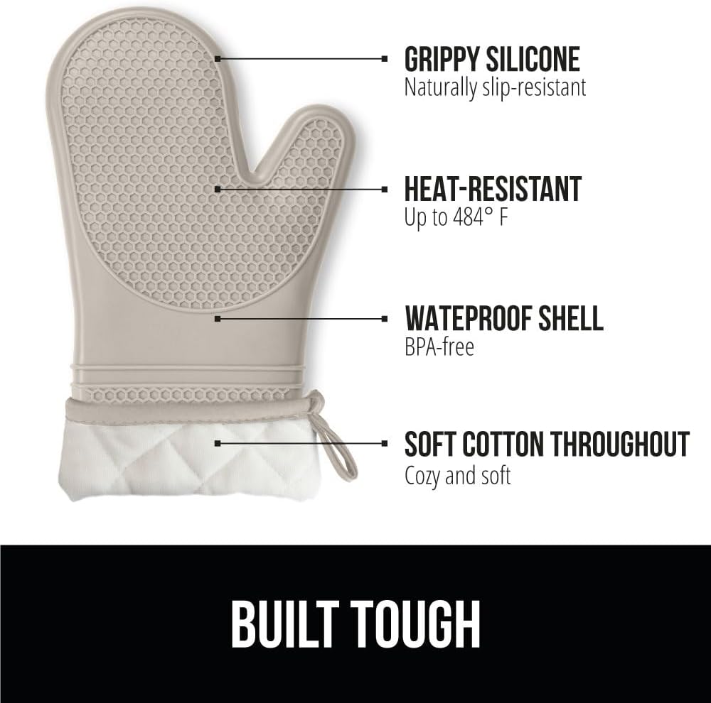 Heat Resistant Silicone Oven Mitts Set, Soft Quilted Lining, Extra Long, Waterproof Flexible Gloves for Cooking and BBQ, Kitchen Mitt Potholders, Easy Clean, Set of 2, Almond