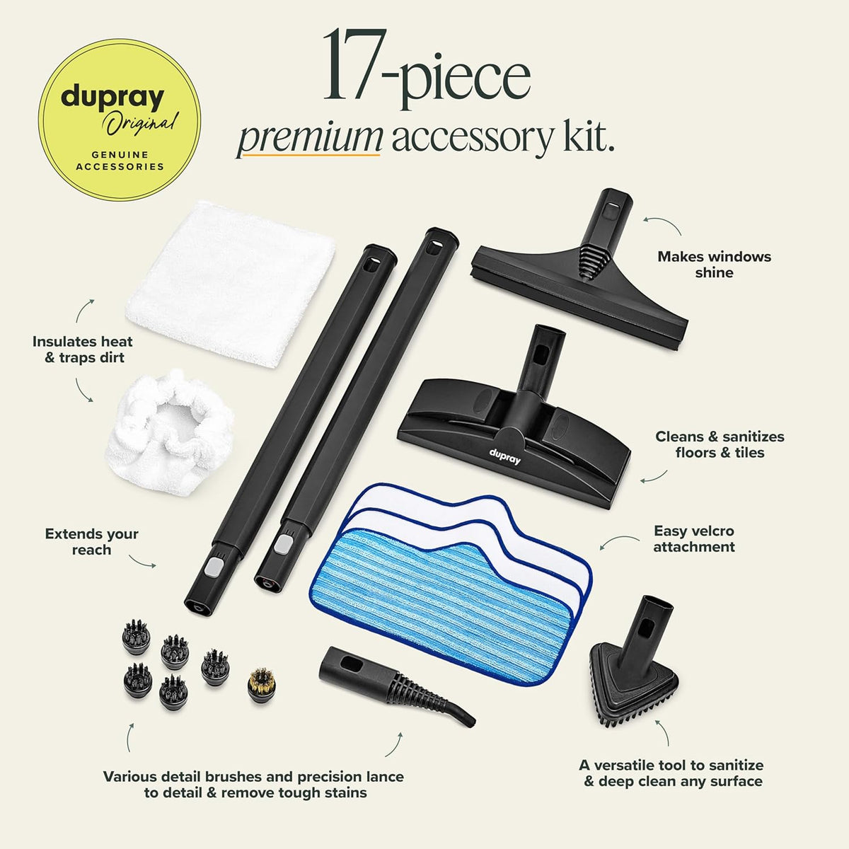 Dupray NEAT Steam Cleaner with Advanced Cleaning Pack – Chemical-Free Multipurpose Steamer for Home, Car & Furniture – 99.9% Bacteria Removal – 17 Accessories Included - PuriLite