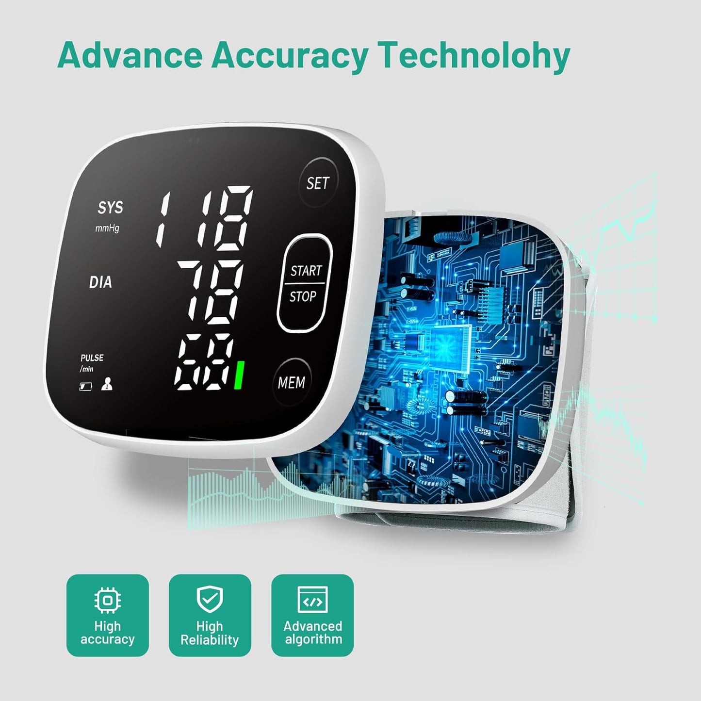 Blood Pressure Monitor Rechargeable Machine for Home Use Adjustable Wrist Cuff 4.92-8.46 inch with Voice Broadcast 2x120 Reading Memory with Carrying Case